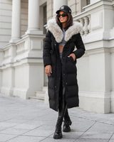 Damen Wintermantel | Lange Steppjacke | Warm Gefüttert | Kapuze mit Imitationsfell in Schwarz/Beige