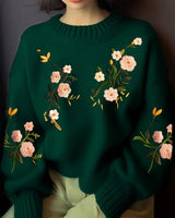 Greni | Gemütlicher Crew-Pullover mit Blumenstickerei und Strickmuster in Dunkelgrün
