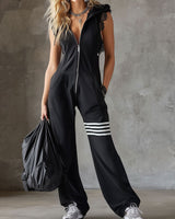 Retro-inspirierter schwarzer ärmelloser Kapuzen-Jumpsuit mit sportlichen Spitzenstreifen in Schwarz