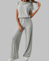 Paula | Damen Rippstrick-Set Kurzarm Top Weite Hose Casual in Grau