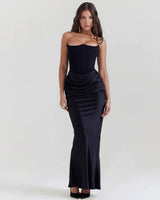 Sabrina | Damen Trägerloses Korsett Maxikleid Satin – Satin Korsett Maxi 2026 in Schwarz