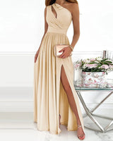 Iredessa | Elegantes Abendkleid mit einer Schulter und Schlitz in Beige