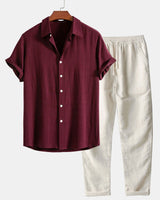 Button-Up Hemd und gerade geschnittene Hose aus Leinen-Rayon-Mischung in Kastanienbraun