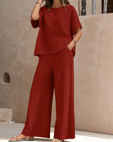 Josy – Set Aus Kurzärmeliger Bluse Und Hose mit Weitem Bein in Burgund