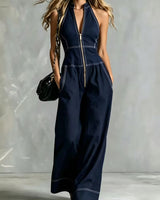 Bryana – Gestreifter Patchwork Jumpsuit in Blau
