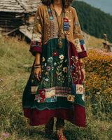 Eresha - Lässiges Langarm Kleid Mit Blumenmuster in Grün-Gelb