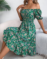 Blumenprint Kleid mit quadratischem Ausschnitt Rüschen und hoher Taille in Grün