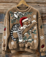 Elisabetta – Plüschpullover Mit Fauler Katze in Khaki