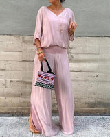 Saila | Damen Maxikleid V-Ausschnitt Fledermausärmel Unifarbe in Rosa