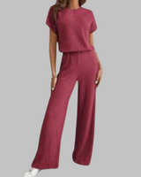 Paula | Damen Rippstrick-Set Kurzarm Top Weite Hose Casual in Ziegelrot