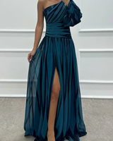 Katrina | Einschulter Asymmetrisch Maxi Hochzeitsgastkleid in Marineblau