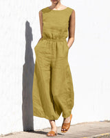 Gerader Jumpsuit mit Falten am Revers ohne Gürtel - Nora in Gelb