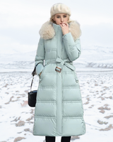 Karin | Damen Schicker Steppmantel mit Gürtel und Kapuze in Babyblau