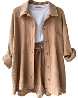 VICTORIA | ZWEITEILIGES HEMD-SHORTS-SET in Beige