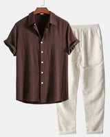 Button-Up Hemd und gerade geschnittene Hose aus Leinen-Rayon-Mischung in Kaffee