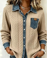 Eryna – Langärmliges Shirt mit Zopfmuster und Jeanskragen in Khaki