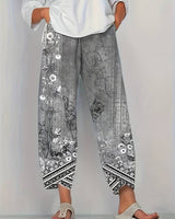Thimasha - Caprihose Im Vintage Blumenmuster Mit Elastischem Bund in Schwarz