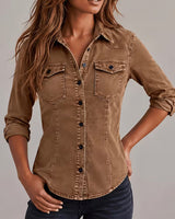 Rihana – Top Aus Vintage Denim mit Gerafftem Kragen in Khaki