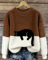 Aiste - Lässiger Pullover Mit Katzenmotiv in Braun