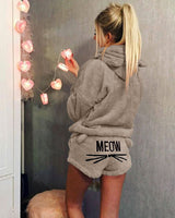 Damen nan kuscheliges zweiteiliges Lounge-Set mit Kapuzenpullover und Shorts mit MEOW-Stickerei Drune in Khaki