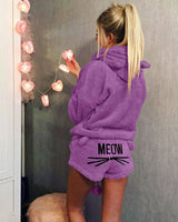 Damen nan kuscheliges zweiteiliges Lounge-Set mit Kapuzenpullover und Shorts mit MEOW-Stickerei Drune in Violett