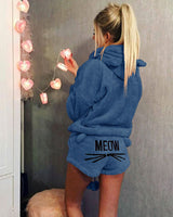 Damen nan kuscheliges zweiteiliges Lounge-Set mit Kapuzenpullover und Shorts mit MEOW-Stickerei Drune in Dunkelblau