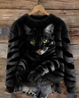 Jules – Weiches Plüsch Sweatshirt Mit Tabby Katzen Und Tiger Muster in Schwarz
