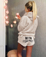 Damen nan kuscheliges zweiteiliges Lounge-Set mit Kapuzenpullover und Shorts mit MEOW-Stickerei Drune in Apricot