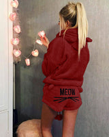 Damen nan kuscheliges zweiteiliges Lounge-Set mit Kapuzenpullover und Shorts mit MEOW-Stickerei Drune in Weinrot