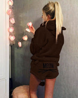 Damen nan kuscheliges zweiteiliges Lounge-Set mit Kapuzenpullover und Shorts mit MEOW-Stickerei Drune in Kaffee