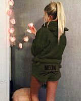Damen nan kuscheliges zweiteiliges Lounge-Set mit Kapuzenpullover und Shorts mit MEOW-Stickerei Drune in Olivgrün