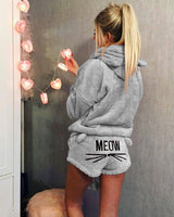 Damen nan kuscheliges zweiteiliges Lounge-Set mit Kapuzenpullover und Shorts mit MEOW-Stickerei Drune in Grau