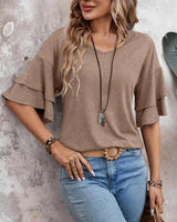 Ella | Halbarm-Bluse mit V-Ausschnitt in Mokka