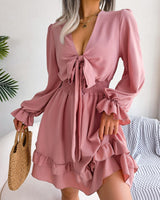 Damen Minikleid mit Bindeband und Volantärmeln in Rosa