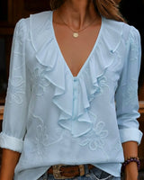 Nalevia - Soft-Touch-Langarmshirt mit V-Ausschnitt in Blau