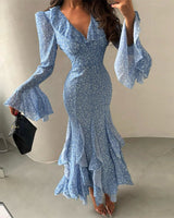 Abendkleid Damen Maxi Elegant mit Volants in Blau