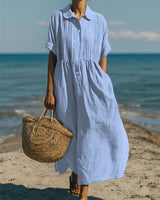 Janny – Elegantes Fließendes Baumwoll Shirtkleid in Himmelblau