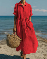 Janny – Elegantes Fließendes Baumwoll Shirtkleid in Rot