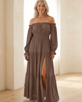 Adira | Off-Shoulder Smock-Maxikleid in Braun