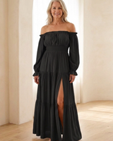 Adira | Off-Shoulder Smock-Maxikleid in Schwarz
