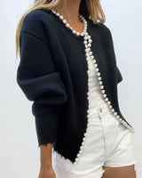 Strickjacke mit Perlenbesatz und geripptem Saum-PEARL in Schwarz