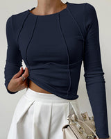 Basic Paspelierung Langarm Oberteil in Marineblau