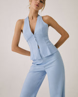 Damen Halterneck Set mit V Ausschnitt und weitem Bein in Hellblau