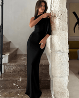 Damen Ärmellos Maxi Party Satin Kleid in Schwarz