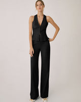 Damen Halterneck Set mit V Ausschnitt und weitem Bein in Schwarz