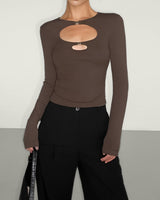 Double Keyholes Langarm Oberteil in Light Brown