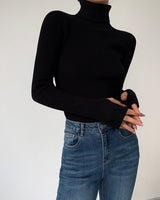 Jennifer | Damen Frühlings Stilvoller Gerippter Rollkragenpullover in Schwarz