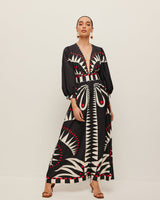 Dinah - Boho Print Kleid mit geteiltem V-Ausschnitt in Schwarz