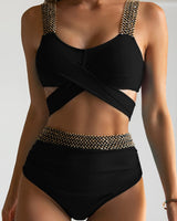Hoch tailliertes Bikini mit goldenen Kreuz Trägern in Schwarz