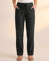 Lockere Damen Hose aus Leinen-Mix mit Kordelzug – Lang in Schwarz